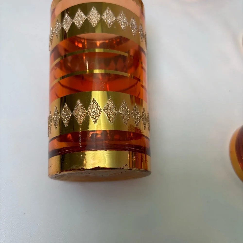 Vintage Amber Gold Geometric Trim Glass Tumblers - Set of 10 Mid-century